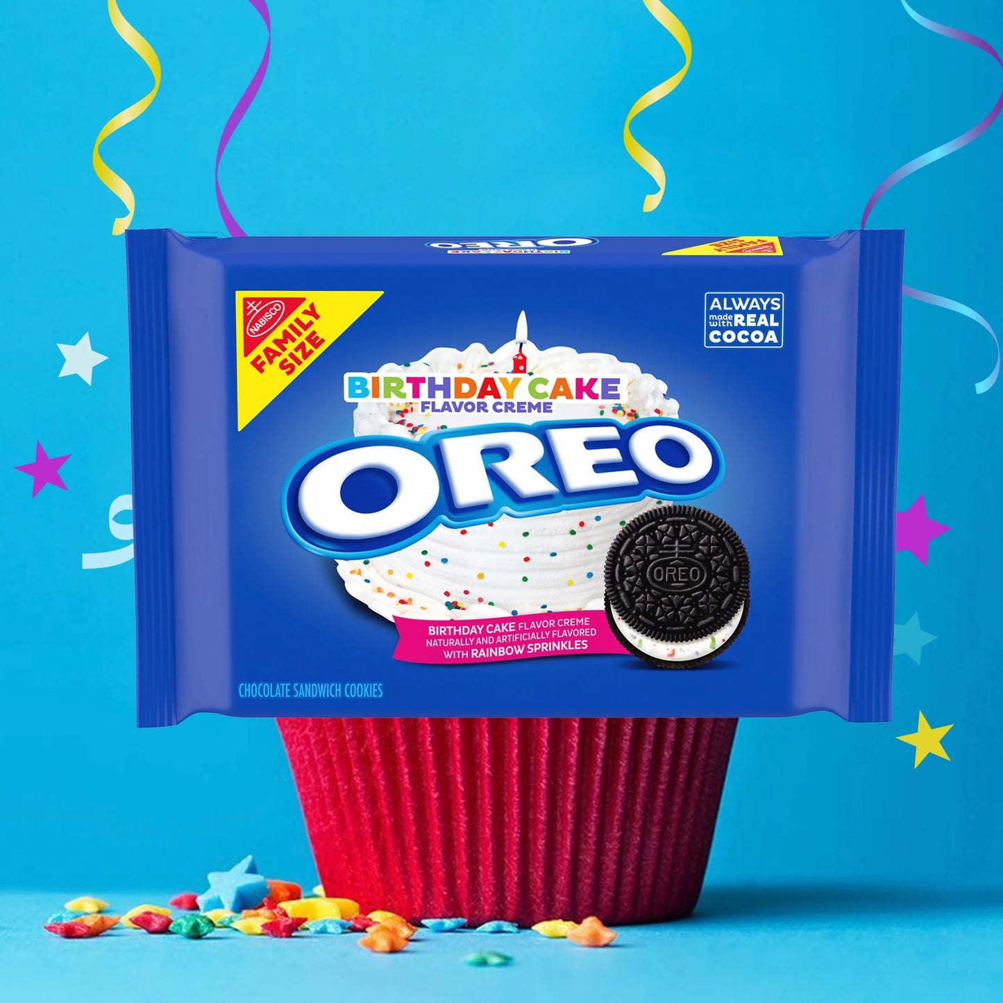 Oreo Birthday Cake Creme Chocolate Sandwich Cookies, Family Size, 17 Oz