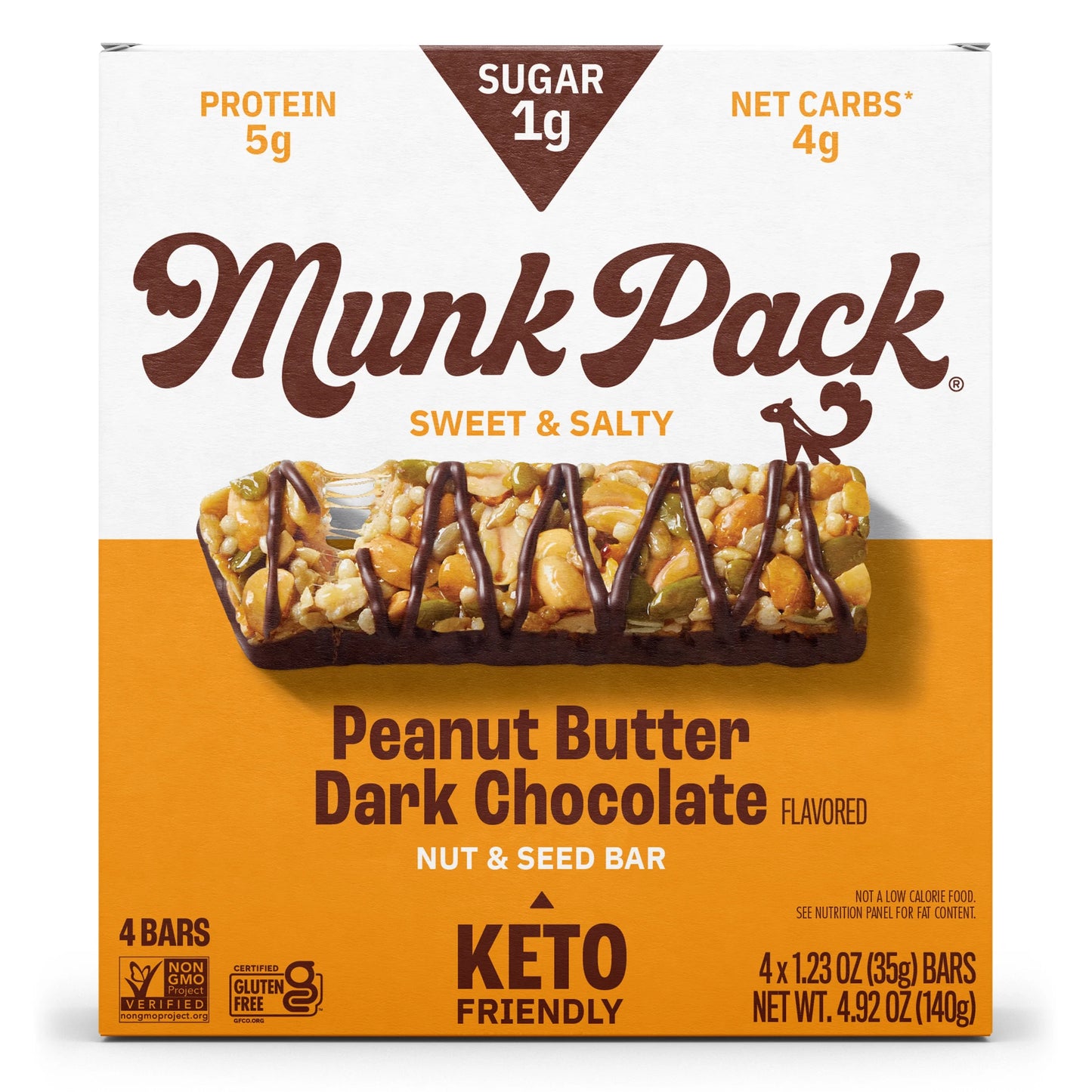 Munk Pack Keto Nut & Seed Bars – Peanut Butter Dark Chocolate - Low Carb Keto Bars, Low Sugar Snacks, Gluten Free - Box, 4 Count, 1.23Oz