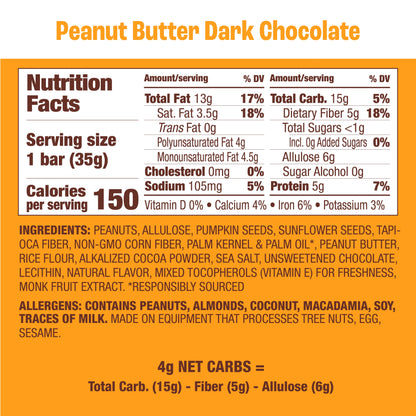 Munk Pack Keto Nut & Seed Bars – Peanut Butter Dark Chocolate - Low Carb Keto Bars, Low Sugar Snacks, Gluten Free - Box, 4 Count, 1.23Oz
