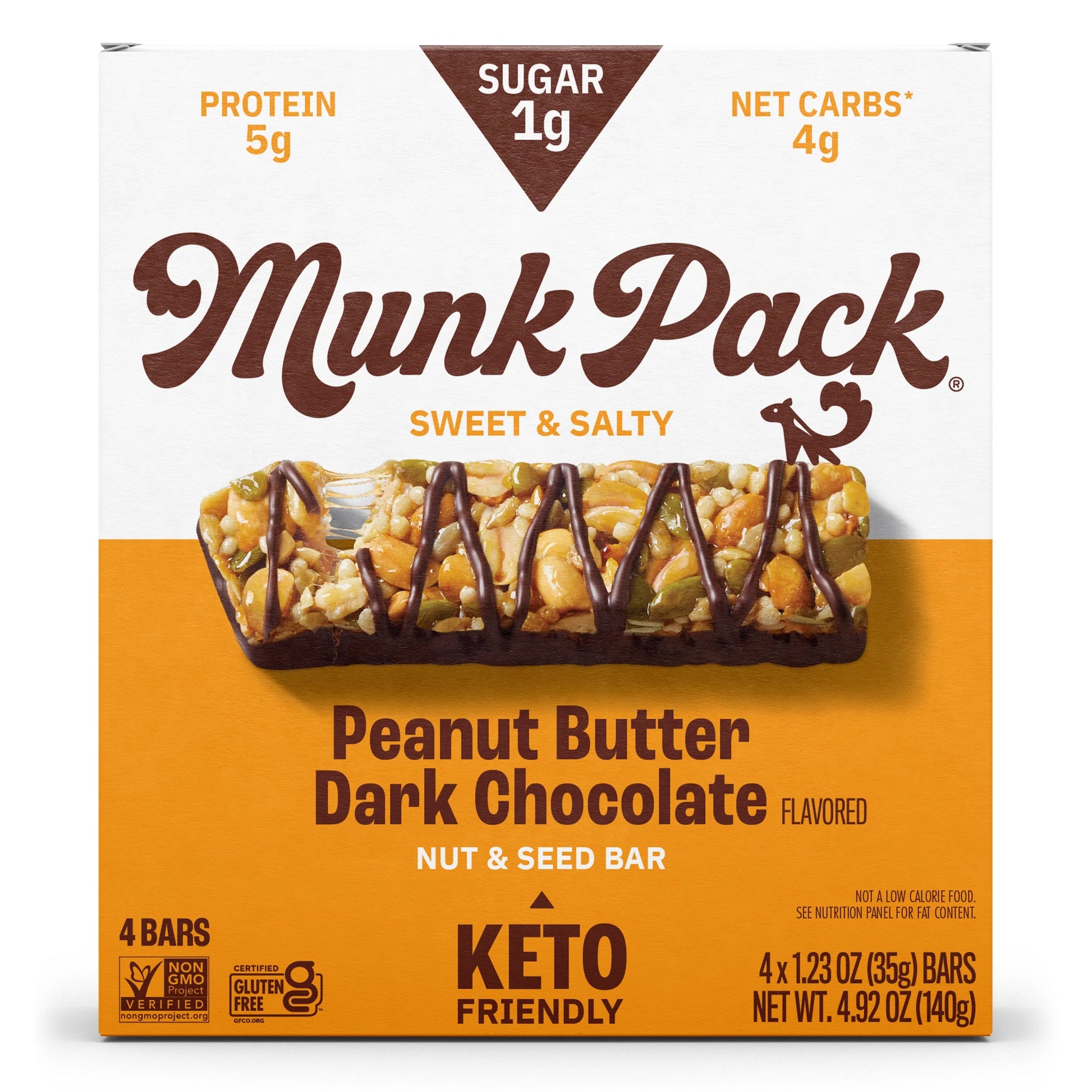 Munk Pack Keto Nut & Seed Bars – Peanut Butter Dark Chocolate - Low Carb Keto Bars, Low Sugar Snacks, Gluten Free - Box, 4 Count, 1.23Oz