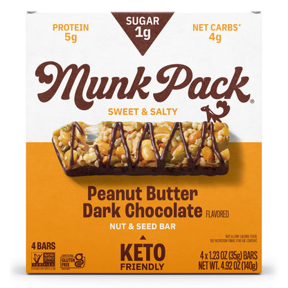 Munk Pack Keto Nut & Seed Bars – Peanut Butter Dark Chocolate - Low Carb Keto Bars, Low Sugar Snacks, Gluten Free - Box, 4 Count, 1.23Oz